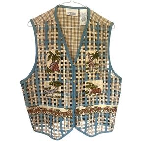 Vintage Open-Stitch Safari Animals Vest XL Cotton Linen Zoo